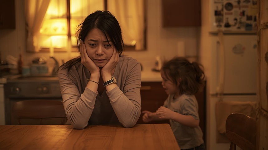 夕方のキッチンで疲れてるママ＋走り回る2歳児